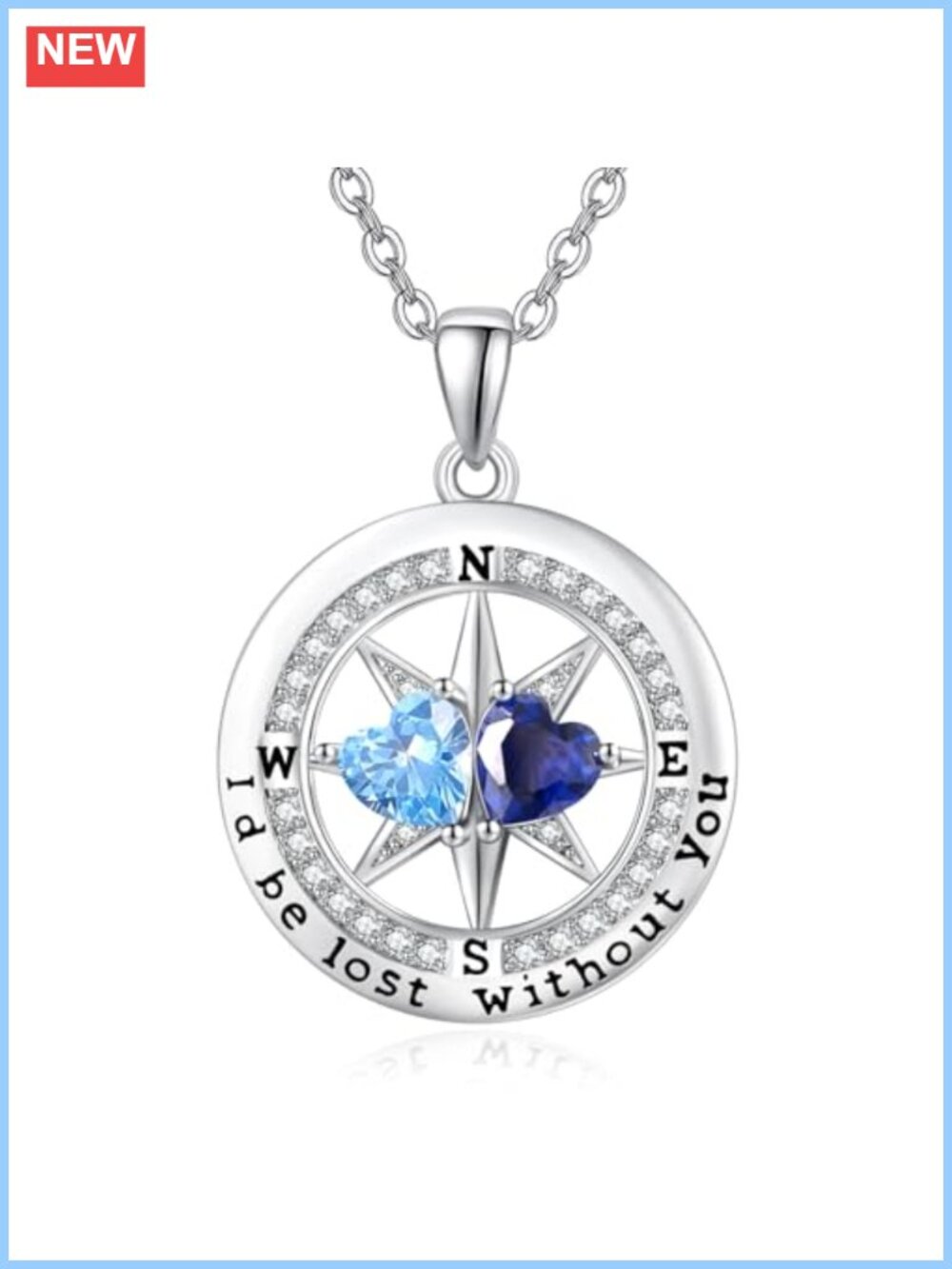 Compass Birthstone Pendant Necklace White Gold Plated 18+2" Anniversary Gift